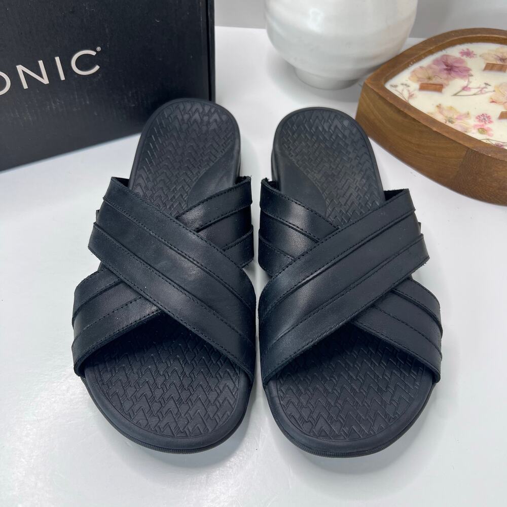 Vionic Tide Slide Comfort Leather Cross Sandal Black I9343L2001 Men 10M Tried On